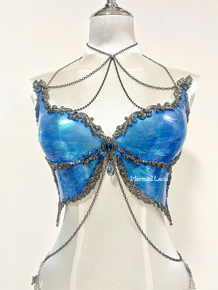 Sapphire Blue Glaze Butterfly Shells Resin Porcelain Mermaid Corset Br