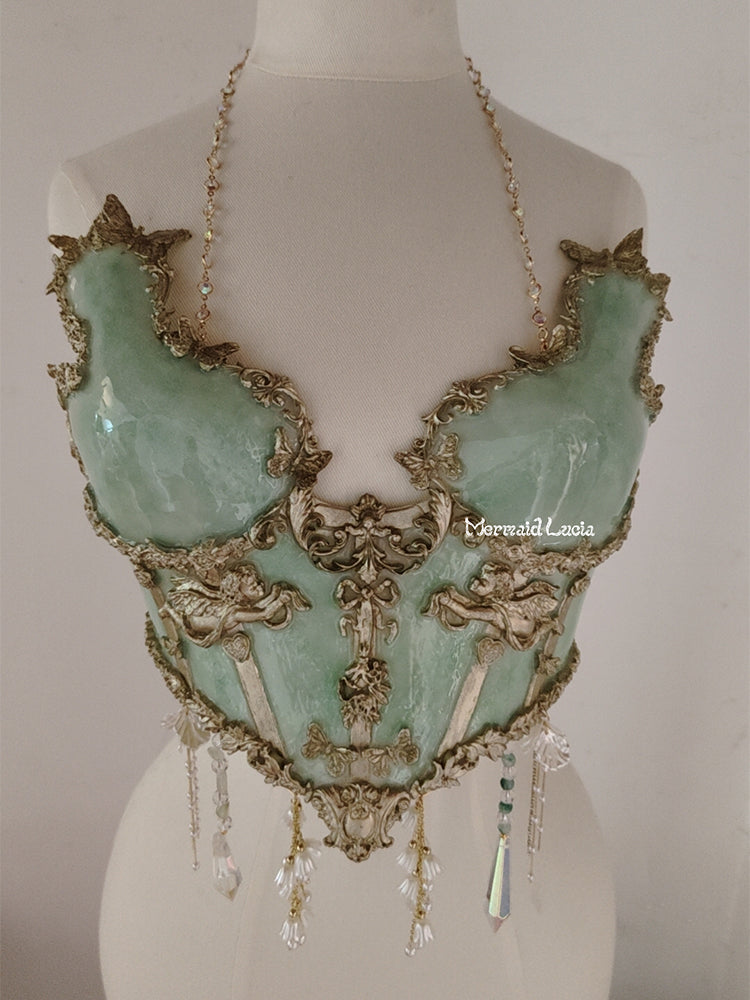 Green Opal Bones Resin Mermaid Corset Bra Top Cosplay Costume Patent-P