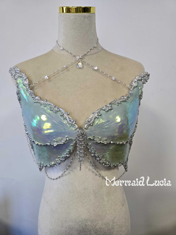 Dreamy Lake Blue Silver Butterfly Shell Resin Top Costume Patent-Protected