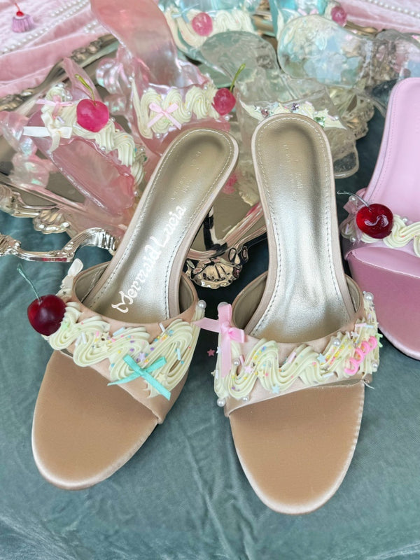 Cherry Cream Pudding Embellished Mules Shoes