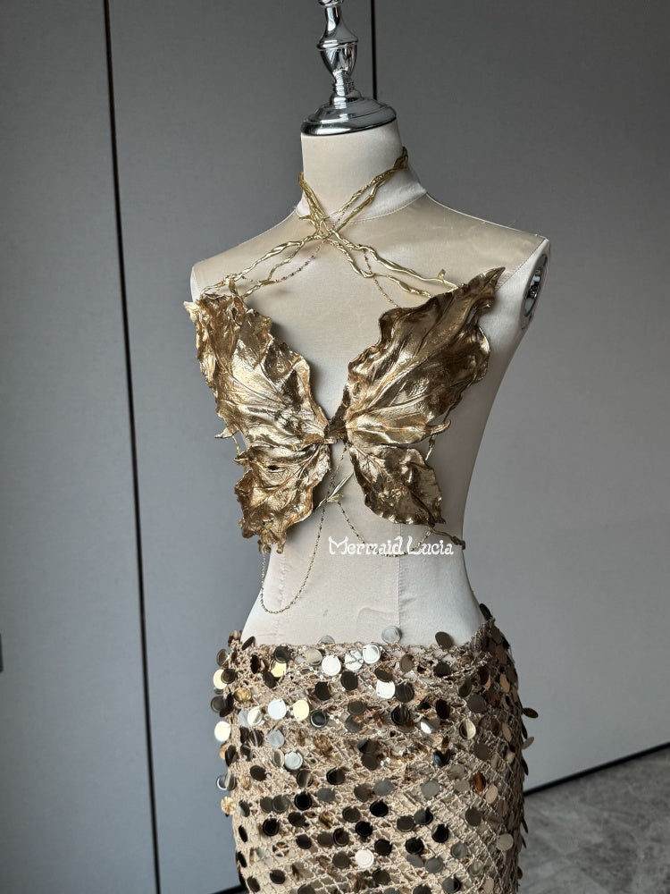 Golden Leaf Resin Mermaid Corset Bra Top Cosplay Costume Patent-Protected