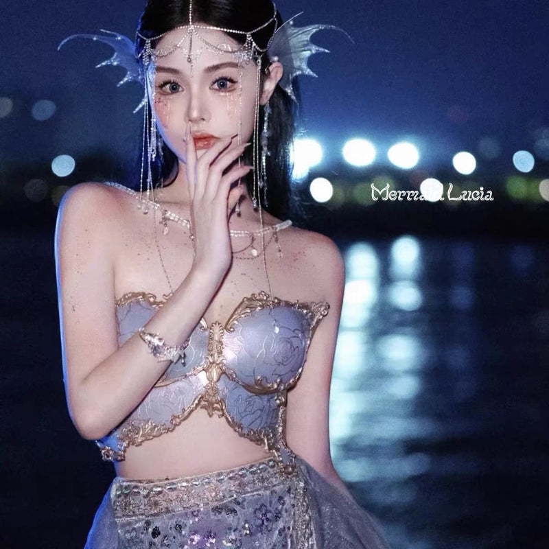Black Sparkling Rhinestone Butterfly Resin Mermaid Corset Bra Top Cosplay  Costume Patent-Protected