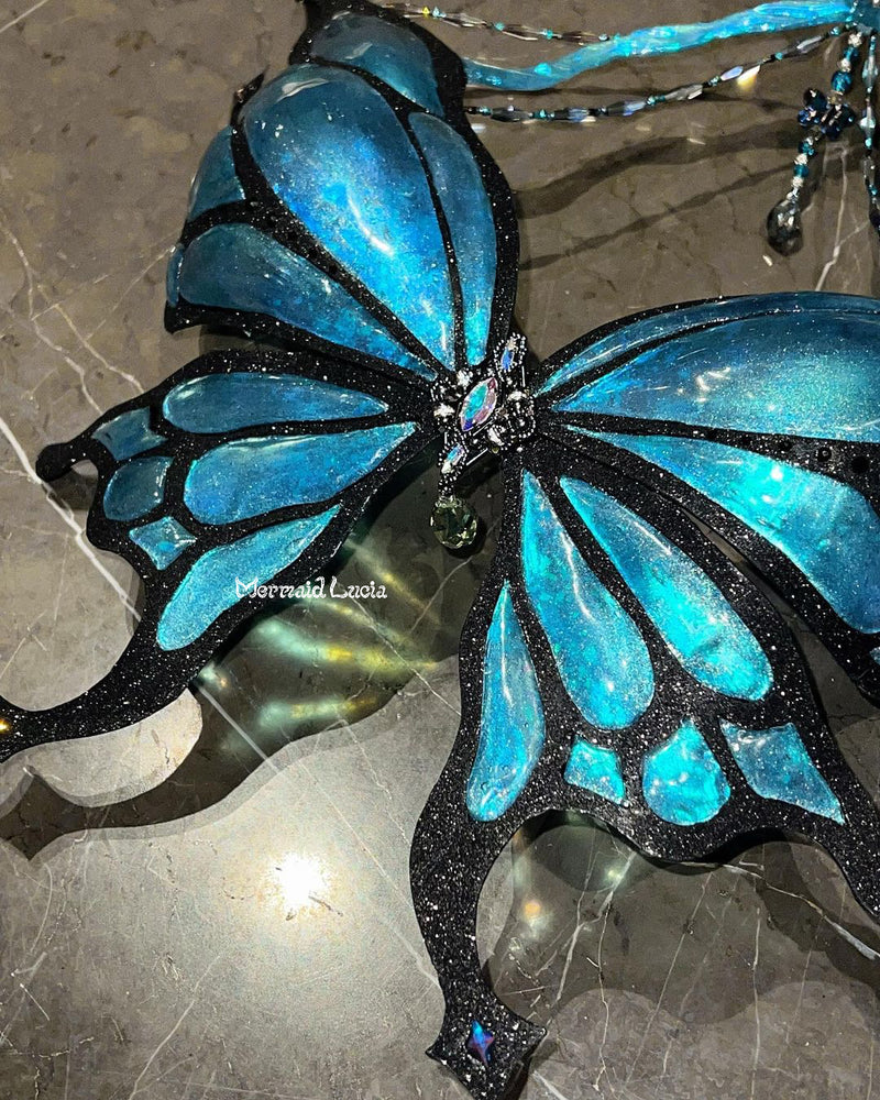 Made a blue morpho butterfly costume from an upcycled corset