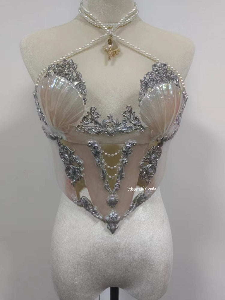 Luxurious Crystal Diamond Queen Resin Porcelain Mermaid Corset Bra Top
