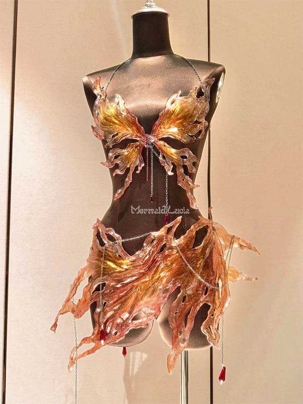 Nature's Flame-Amber Petals Resin Mermaid Corset Bra Top Cosplay Costume Patent-Protected