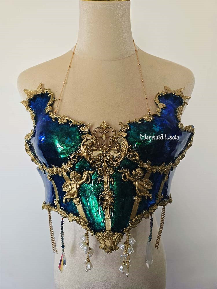 Royal Emerald Green Gold Edge Marble Resin Corset Bra Top Costume Patent-Protected